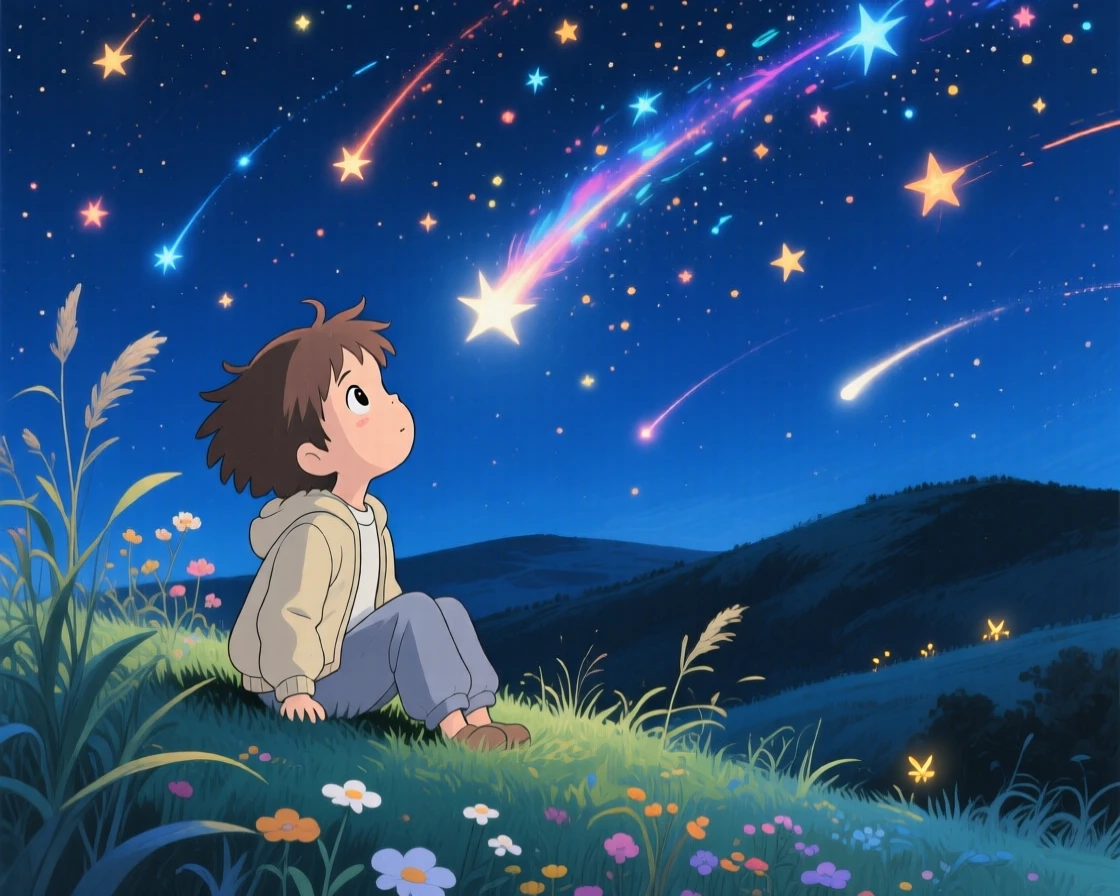 A nighttime scene of a child gazing up at a sky full of shooting stars, dreamlike beneath the stars.