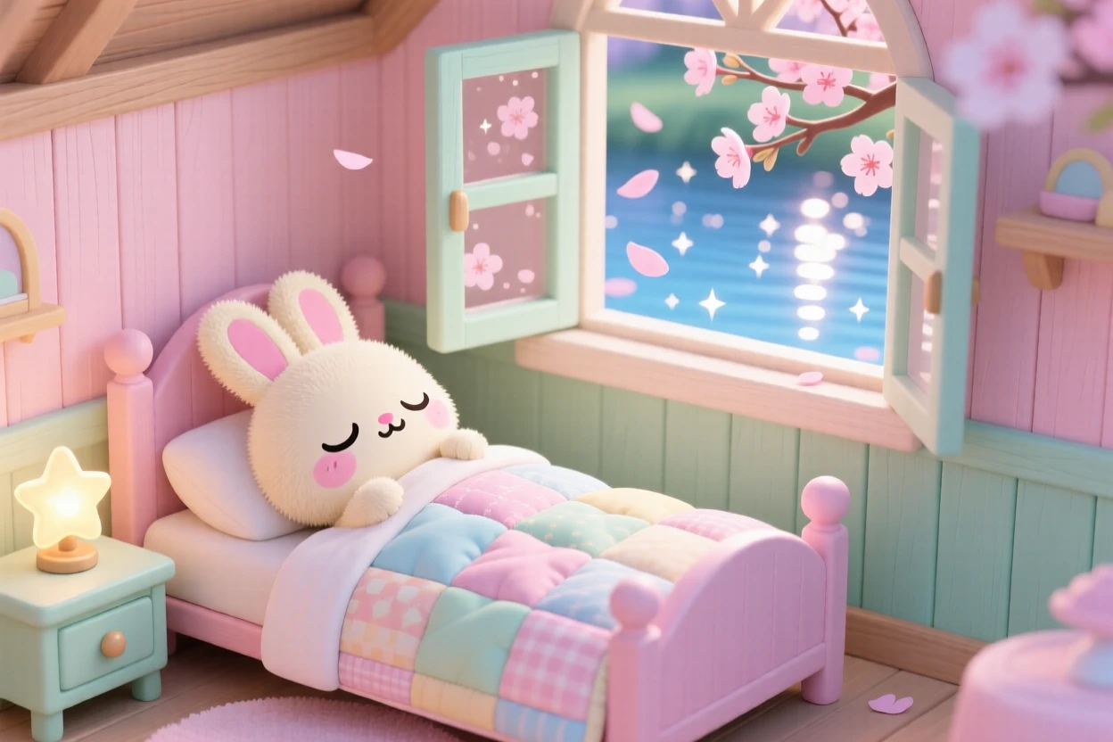 Wide establishing shot: a sleepy bunny, tucked into a tiny quilted bed, set against a dollhouse-like bedroom as cherry blossom petals drift on the breeze, with shimmering reflected light off water and a mood of curious excitement.
