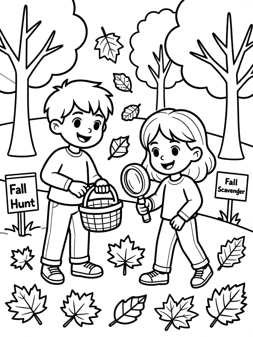 A fall scavenger hunt with children collecting colorful leaves