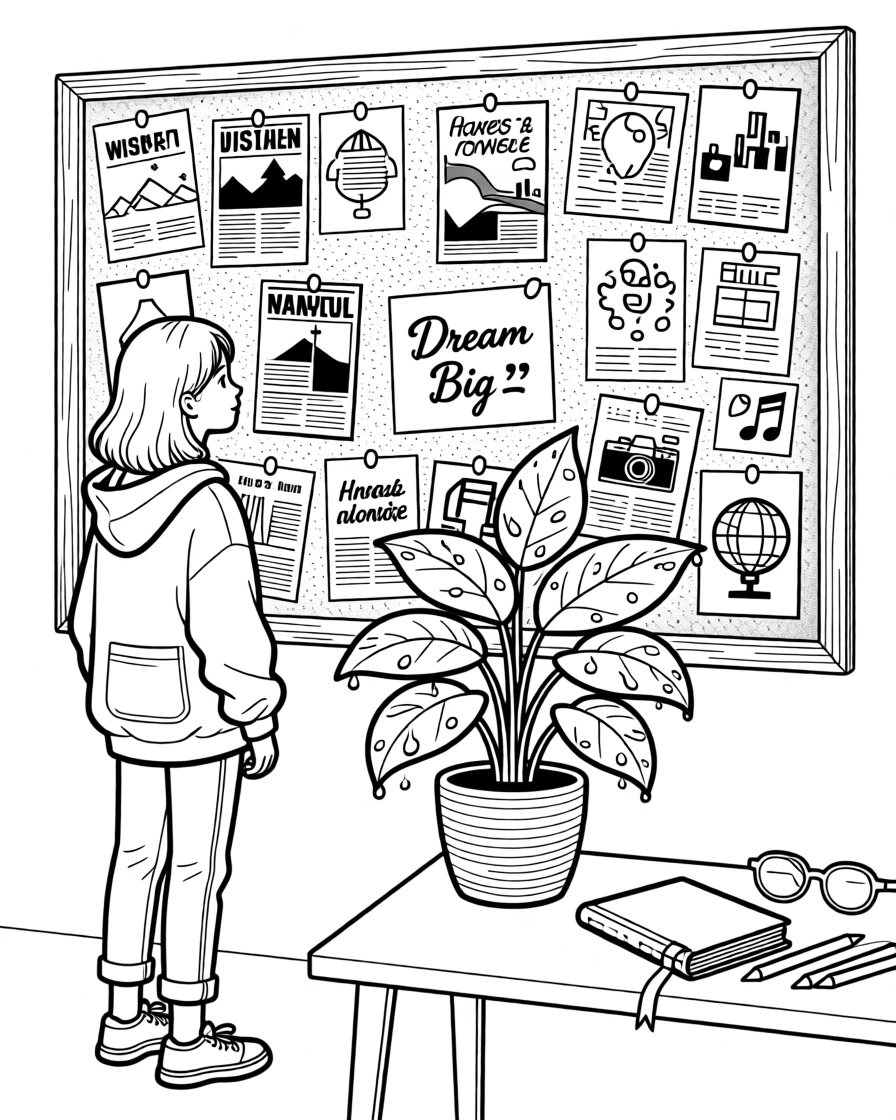 A vision board covered in cut-out magazine images and postcards, with tiny water droplets clinging to every leaf.