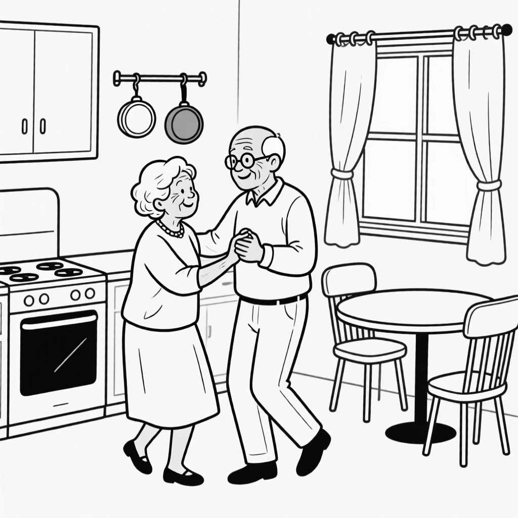 Grandparents dancing together in their kitchen
