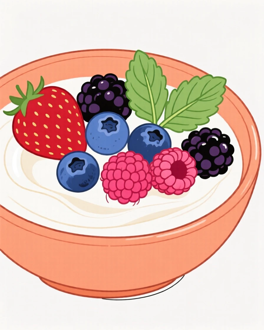A bowl of fresh berries and yogurt for breakfast.