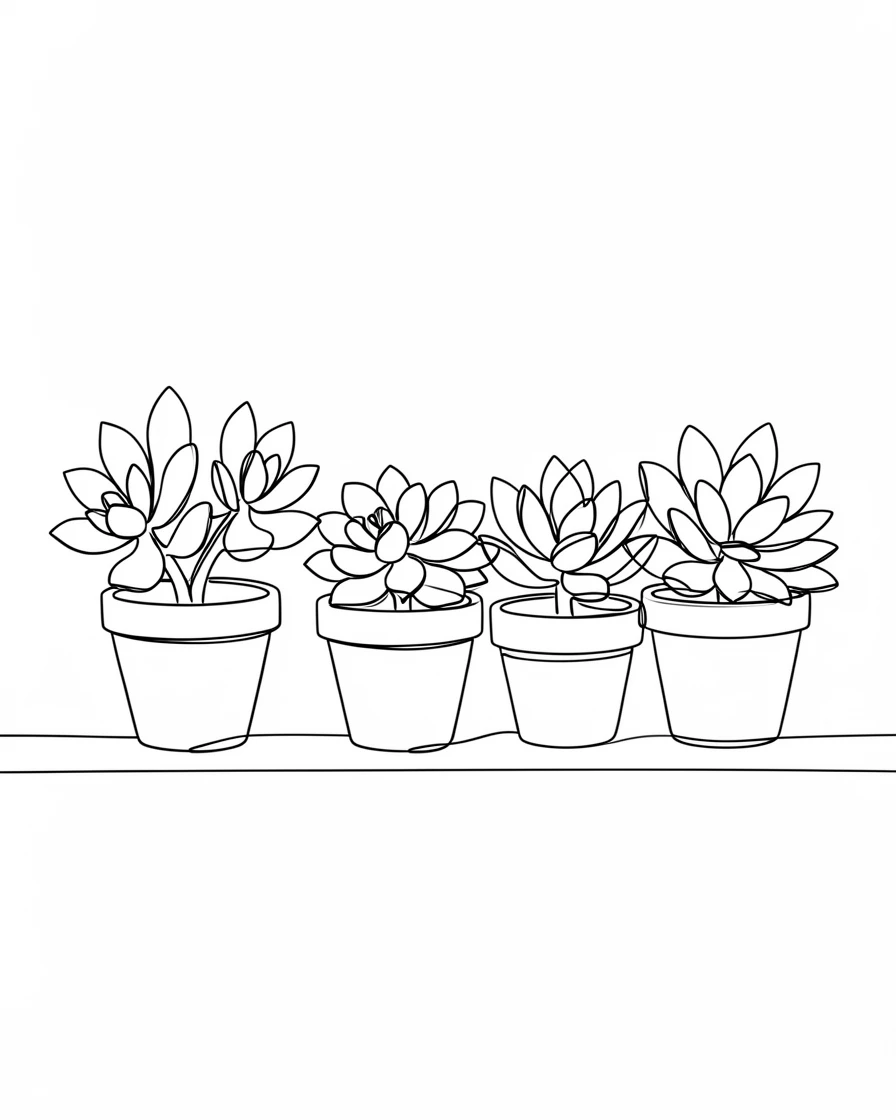 A row of potted succulents arranged neatly on a windowsill