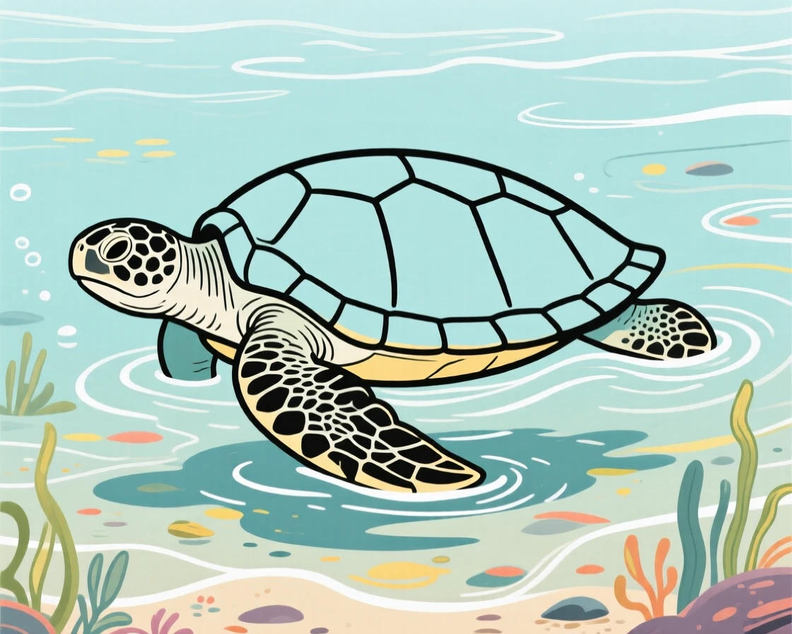 A giant prehistoric turtle swimming through a shallow ancient sea.