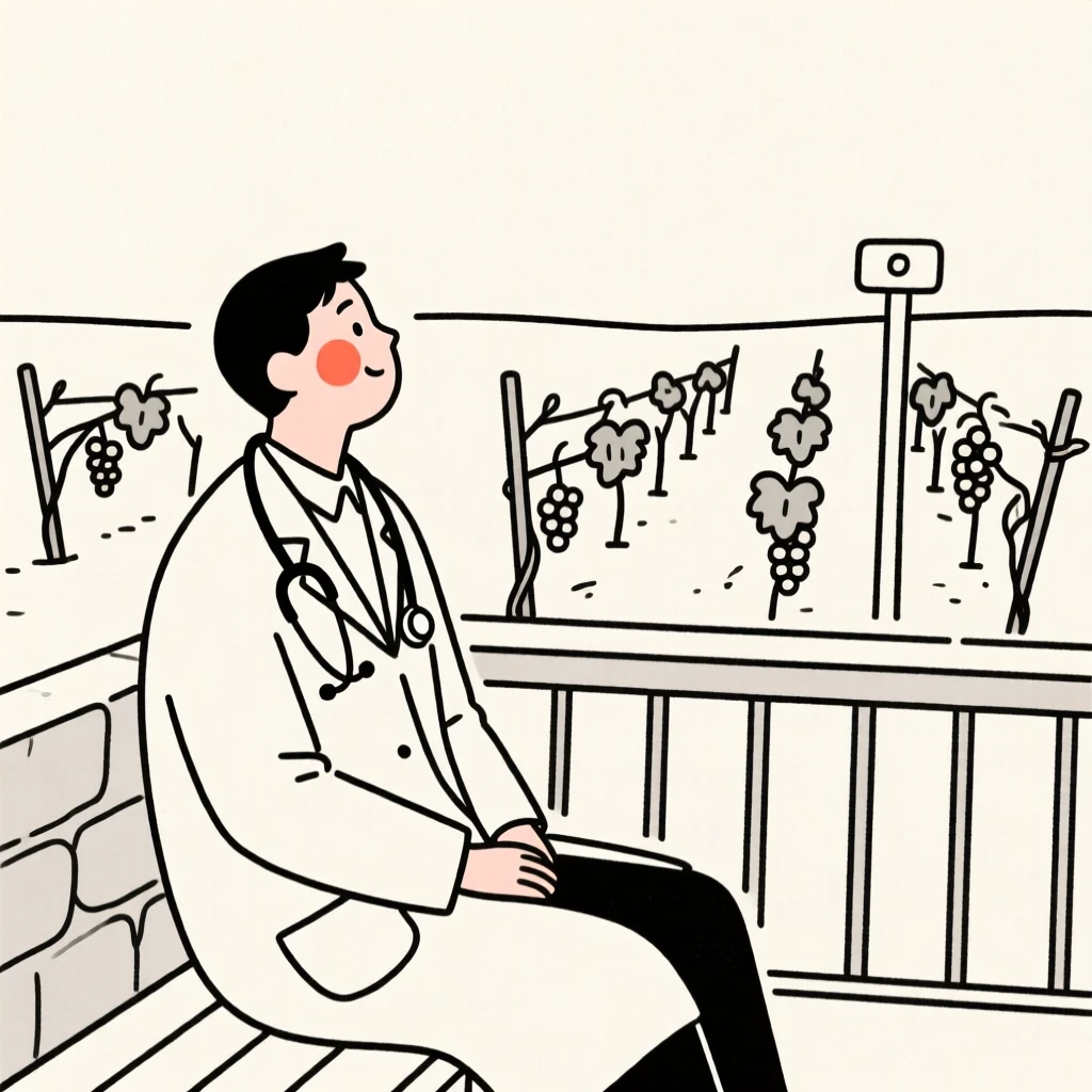 A doctor taking a quiet break, looking hopeful toward the horizon, on a vineyard terrace.