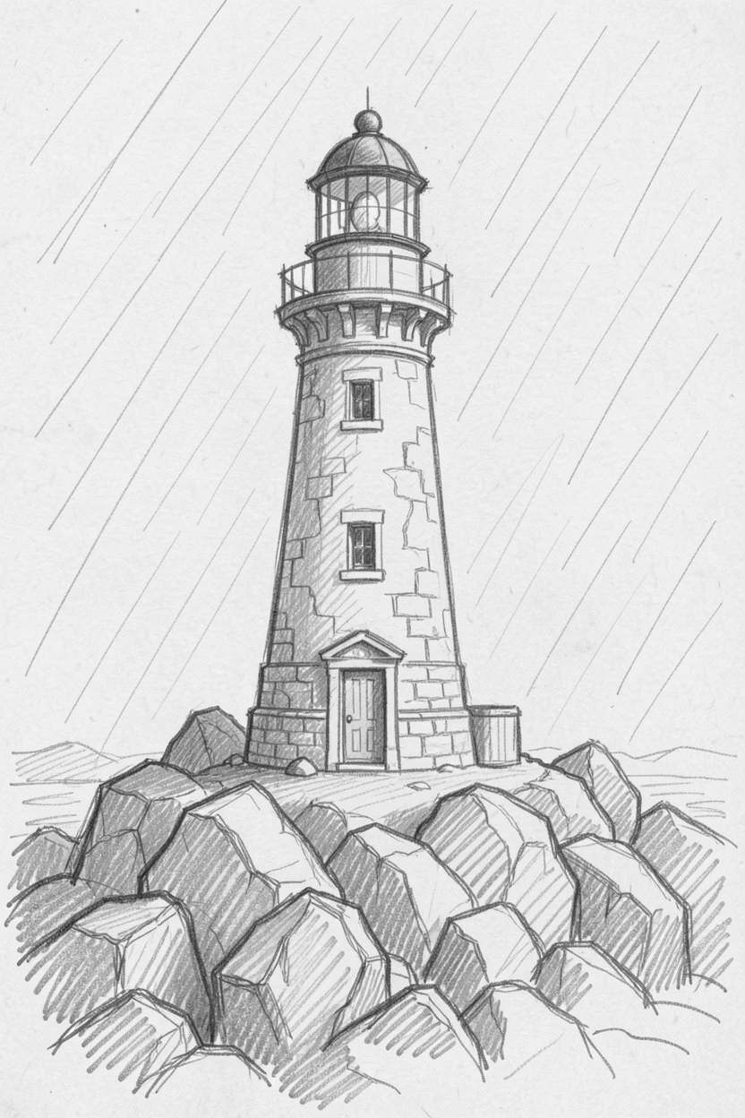A stunning view of an old lighthouse on a rocky point during a quiet rain shower, with centuries-old stonework weathered by time.