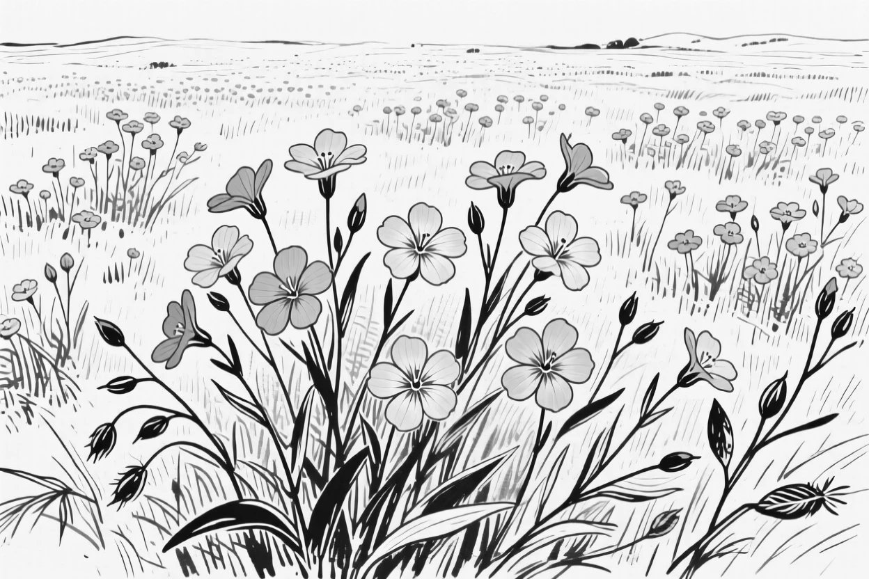 A field of blooming flax with delicate blue flowers swaying gently.