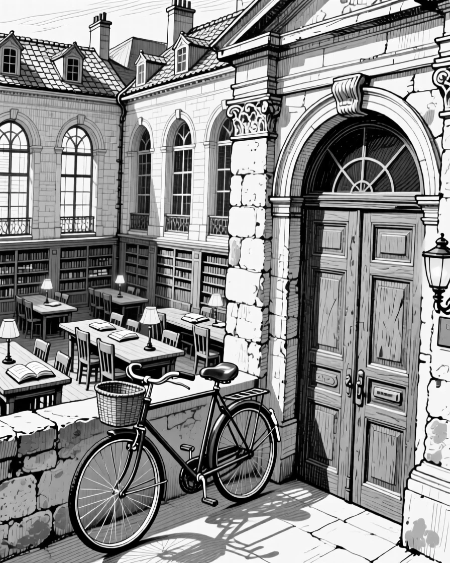 A grand old library reading room framed by surrounding rooftops, featuring a bicycle leaning against the wall, rendered in a peacefully picturesque architectural composition.