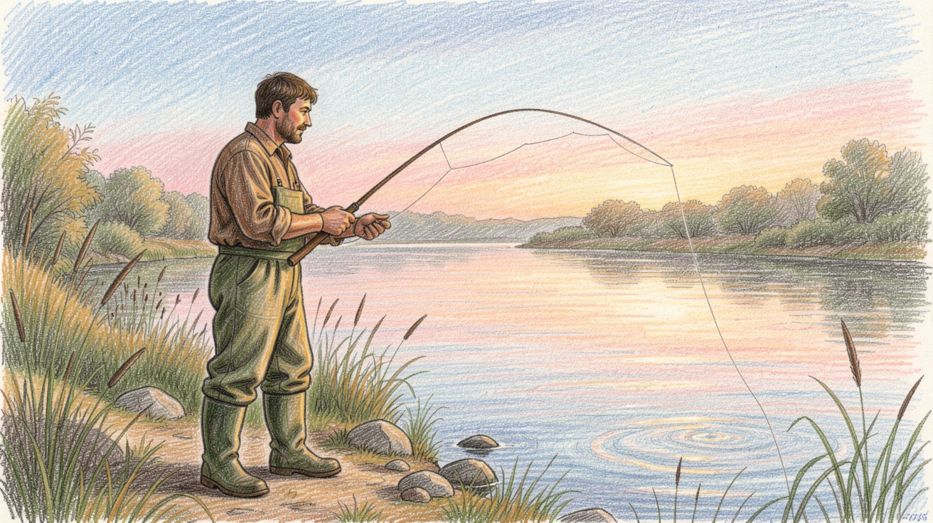 A fisherman casting a line from a quiet riverbank at dawn, with warm natural light filling the scene, full of quiet satisfaction and personal fulfillment.