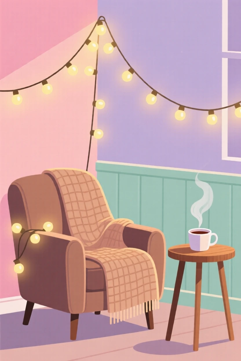 A cozy evening setup with fairy lights and a warm blanket, set against a backdrop of pastel-colored walls, composed with a warm, inviting sense of everyday simplicity, with subtle steam rising to add a warm, lived-in feel.