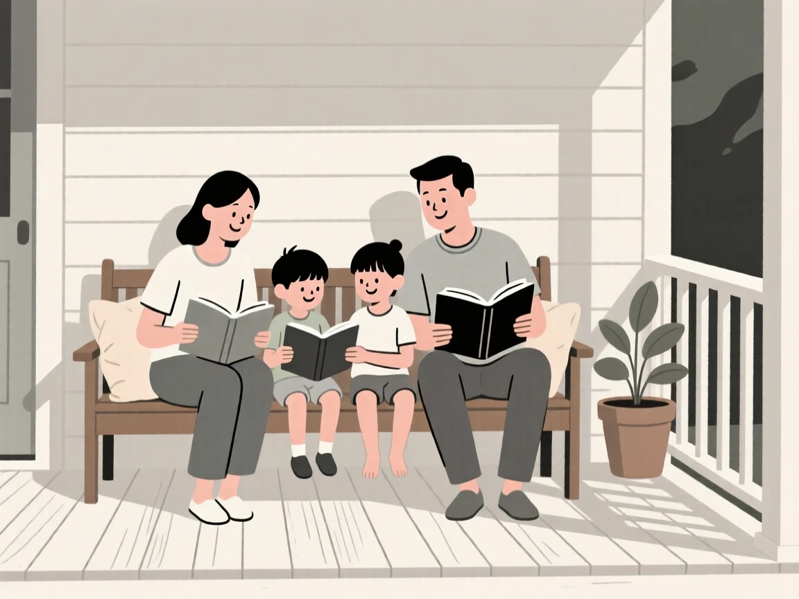 A family reading together together on the front porch.