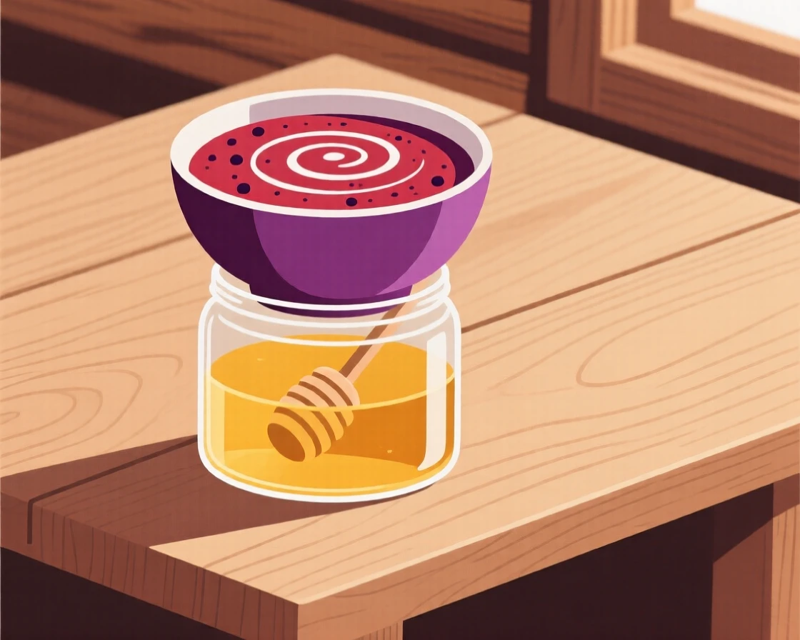 A freshly prepared bowl of berry smoothie served on a glass jar of honey, set in a mountain cabin table, inviting cozy indulgence.