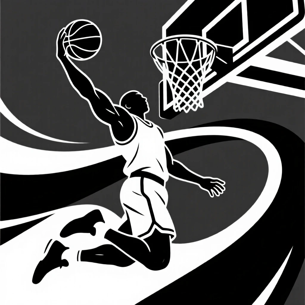 A basketball player leaping for a slam dunk.