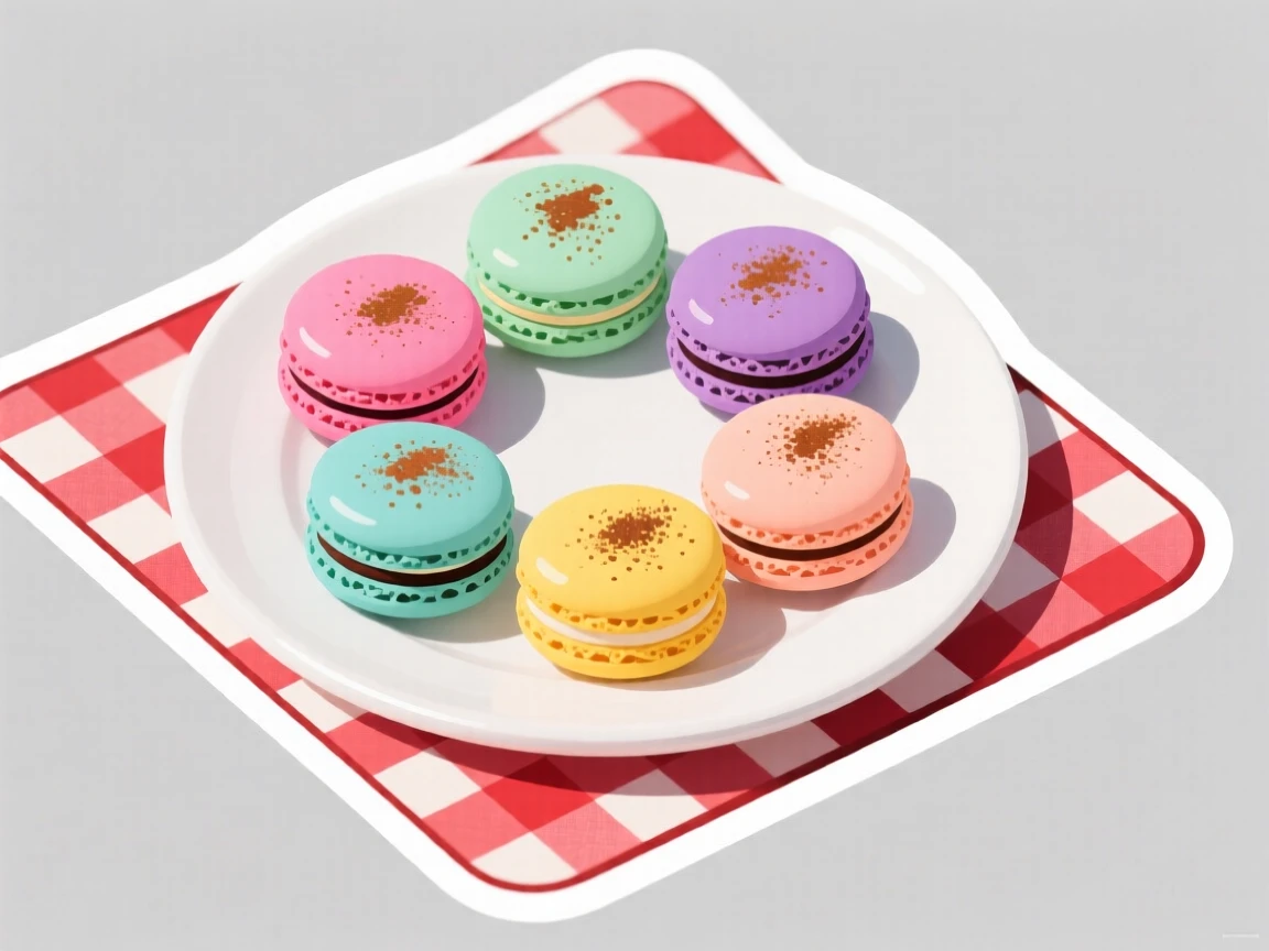 A beautifully garnished plate of colorful macarons, dusted with cinnamon on top, on a checkered picnic blanket.