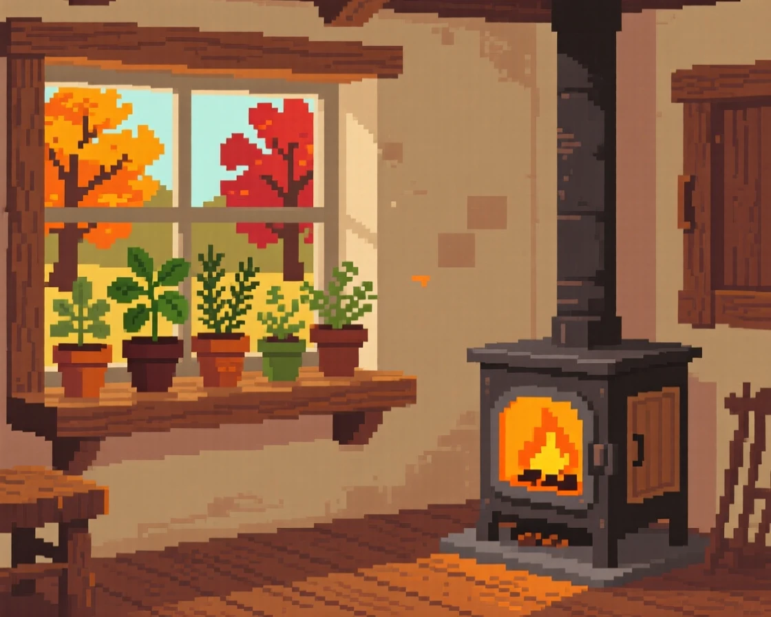 A windowsill herb garden warmed by a small wood stove nearby, in a countryside cottage during autumn.