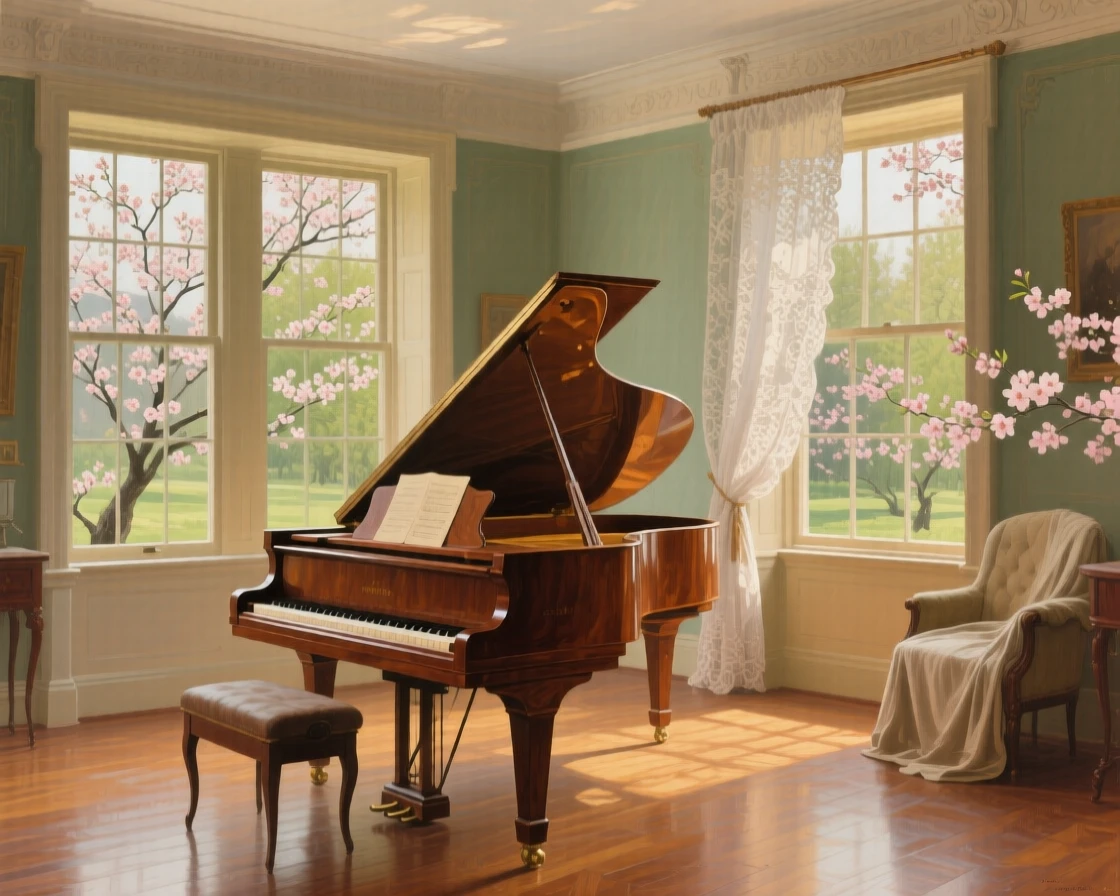 A centered composition of a music room with a grand piano bathed in afternoon light, as spring blossoms open, at midday.