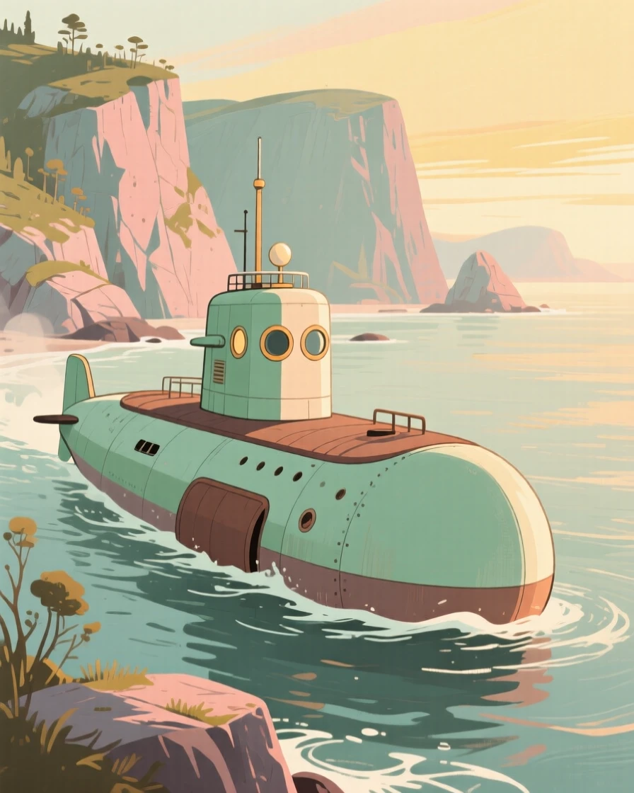 A vintage submarine surfacing beside a rocky northern coastline