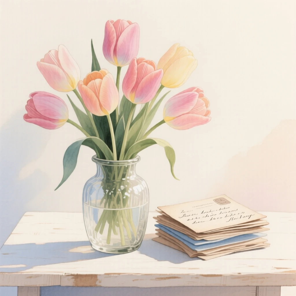 A bouquet of tulips in soft, layered tones fills a vintage glass vase beside a stack of handwritten letters, petals catching the gentle light