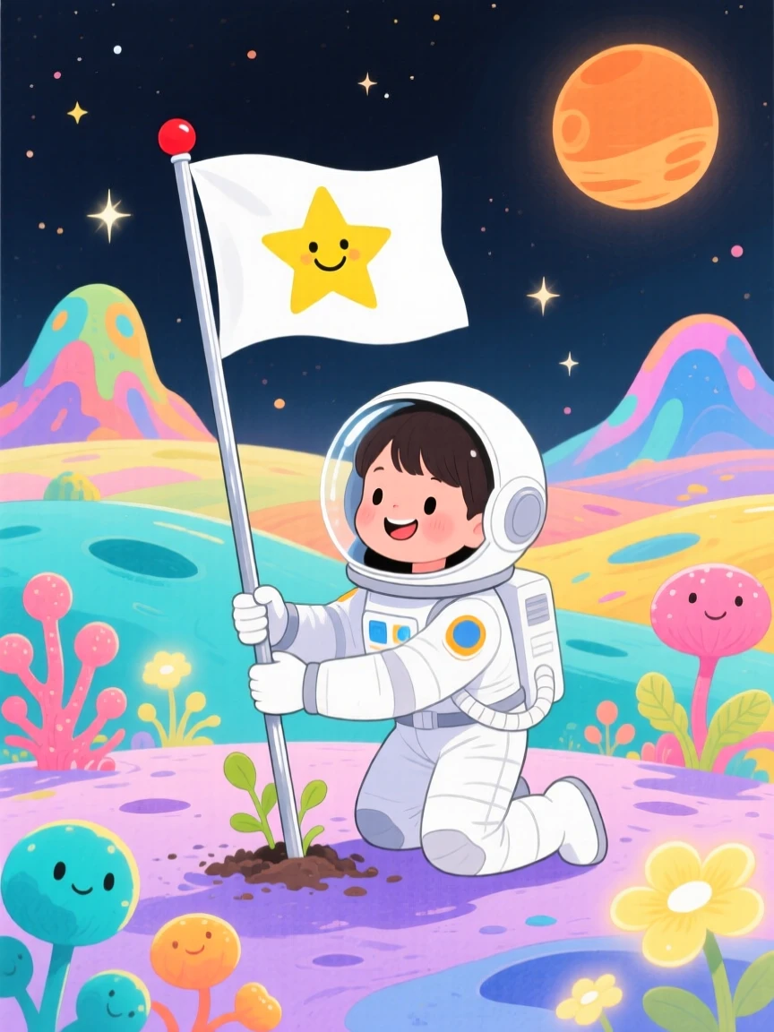 A dazzling view of a young astronaut planting a flag on a colorful alien planet.