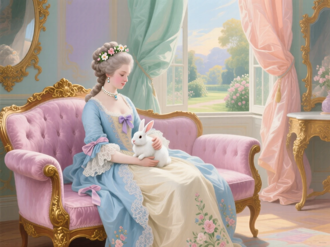 A princess seated on a velvet sofa with her pet rabbit  