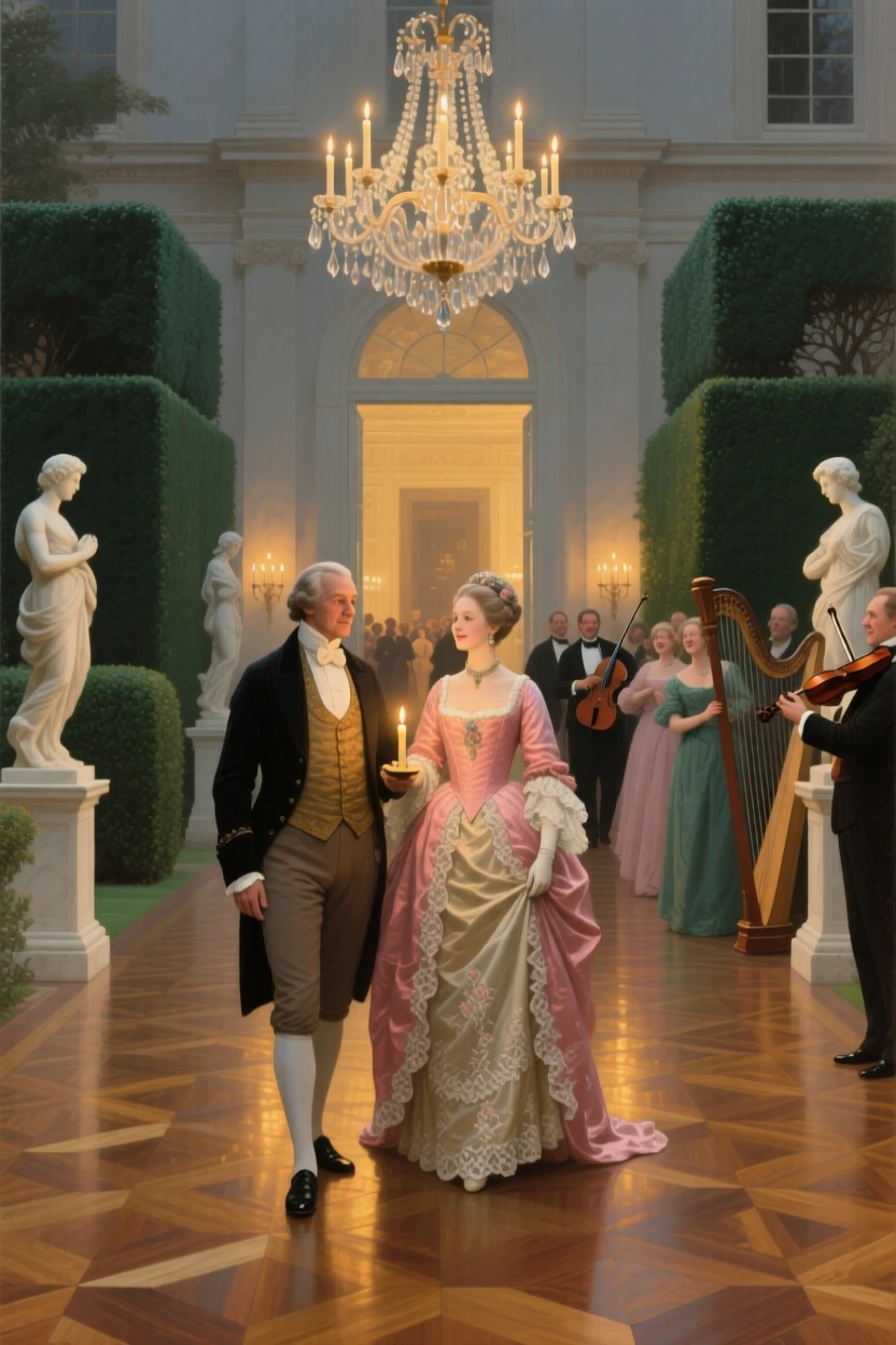 A count and countess receiving guests at a candlelit ballroom entrance as laughter and music fill the air, set in a formal garden with clipped hedges and marble statues, with a grand chandelier casting warm light over polished parquet; warm candlelight pools around the principal figures against a cooler backdrop, suggesting both splendor and the fleeting nature of such moments.