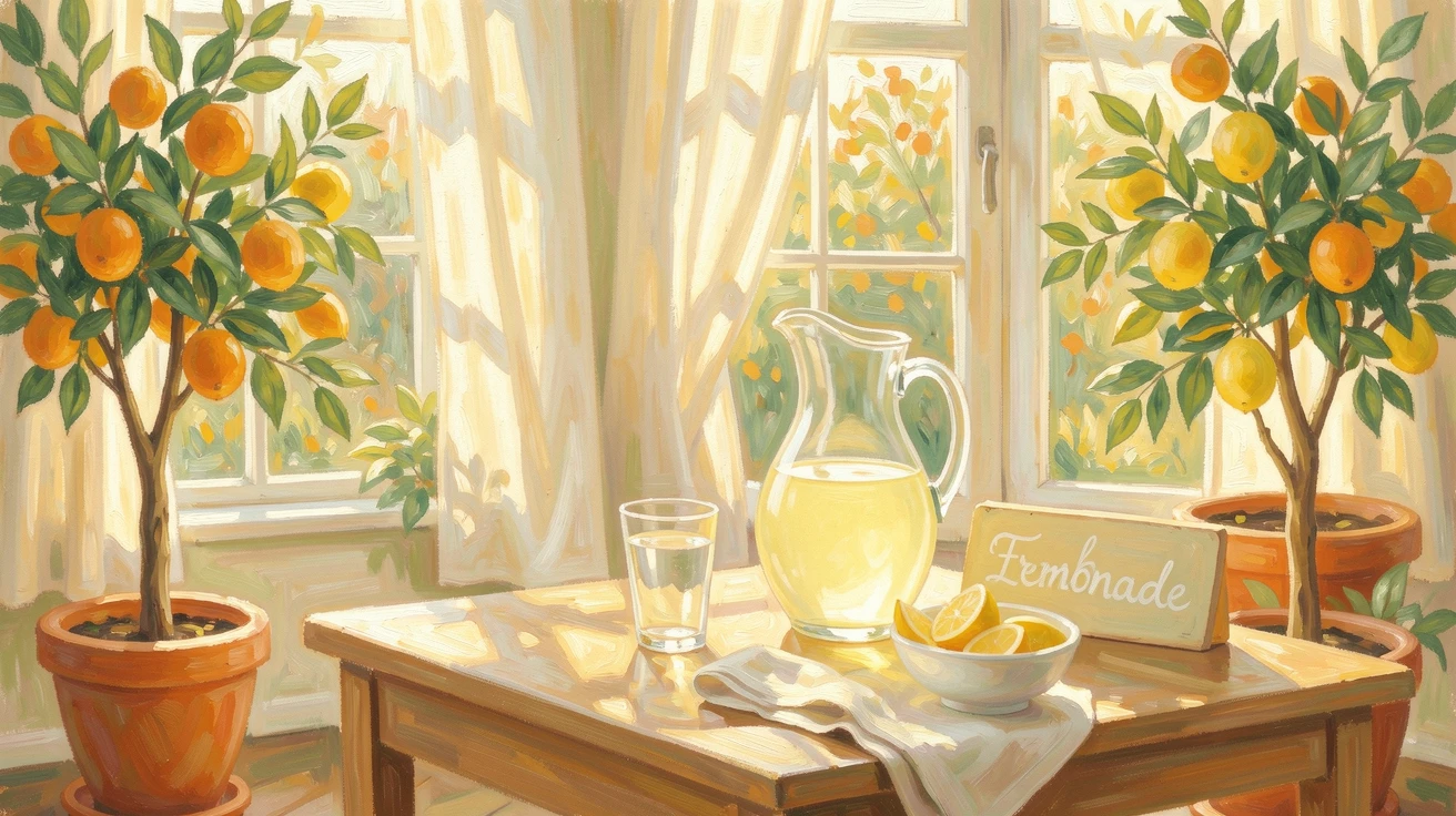 A sunlit sunroom filled with potted citrus trees and a table set for afternoon lemonade.
