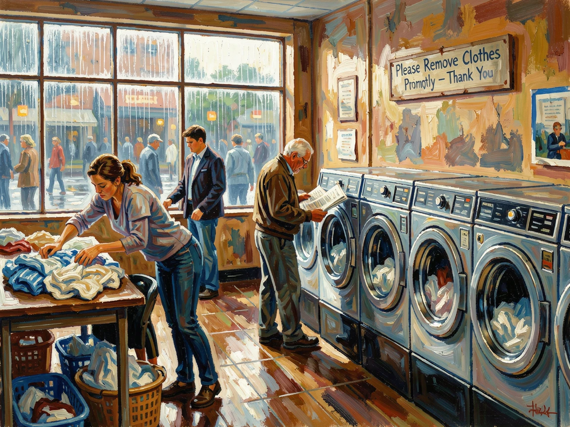 A busy laundromat with soft light streaming through steamy windows on a rainy day.
