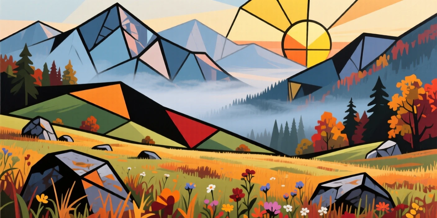 A medium shot of a quiet alpine meadow during a soft misty dawn, during vibrant autumn.