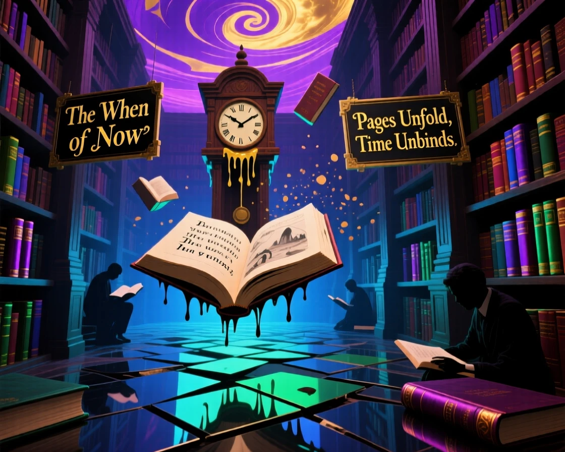 A library where books rewrite themselves the moment they are closed hums with a strange, looping quality of time, while echoes of footsteps arrive before they are taken.