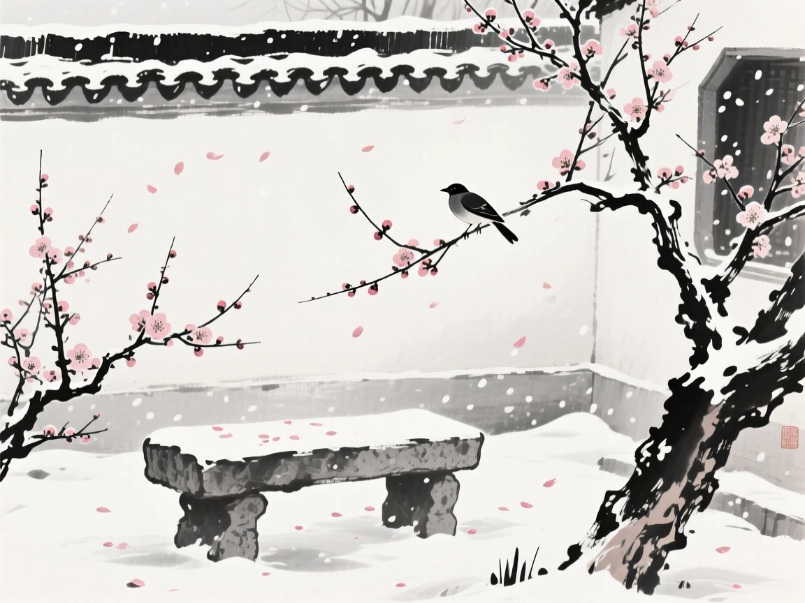 Plum blossoms drift down onto a stone bench in a snow-covered courtyard, as a single bird perches among the flowering branches.
