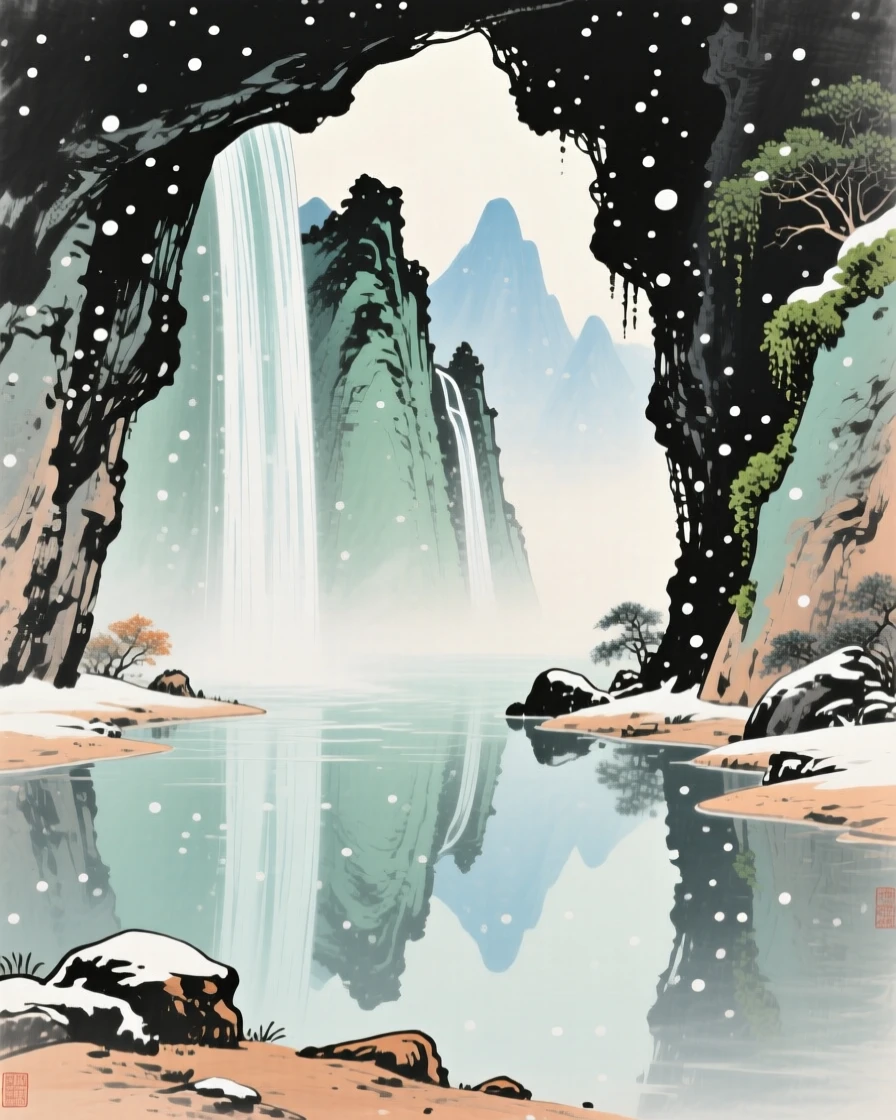 A hidden grotto behind a curtain of falling water, with the reflection of the peaks doubling the scene in still water, beneath softly falling snow, in late autumn, in the soft light of late afternoon.