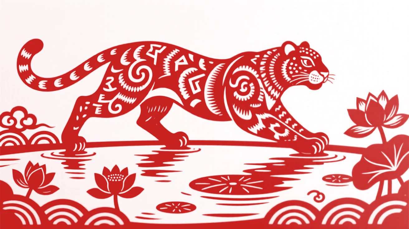 A snow leopard, gliding low over a still pond, evoking a sense of quiet renewal.