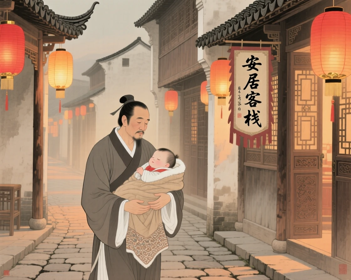 A father carrying his sleeping child home through lantern-lit streets