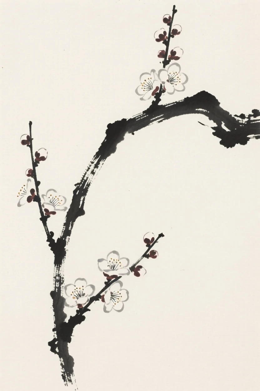 A single plum blossom branch against a soft, empty backdrop, composed with generous open space around it, capturing a delicate, transient moment in bloom.