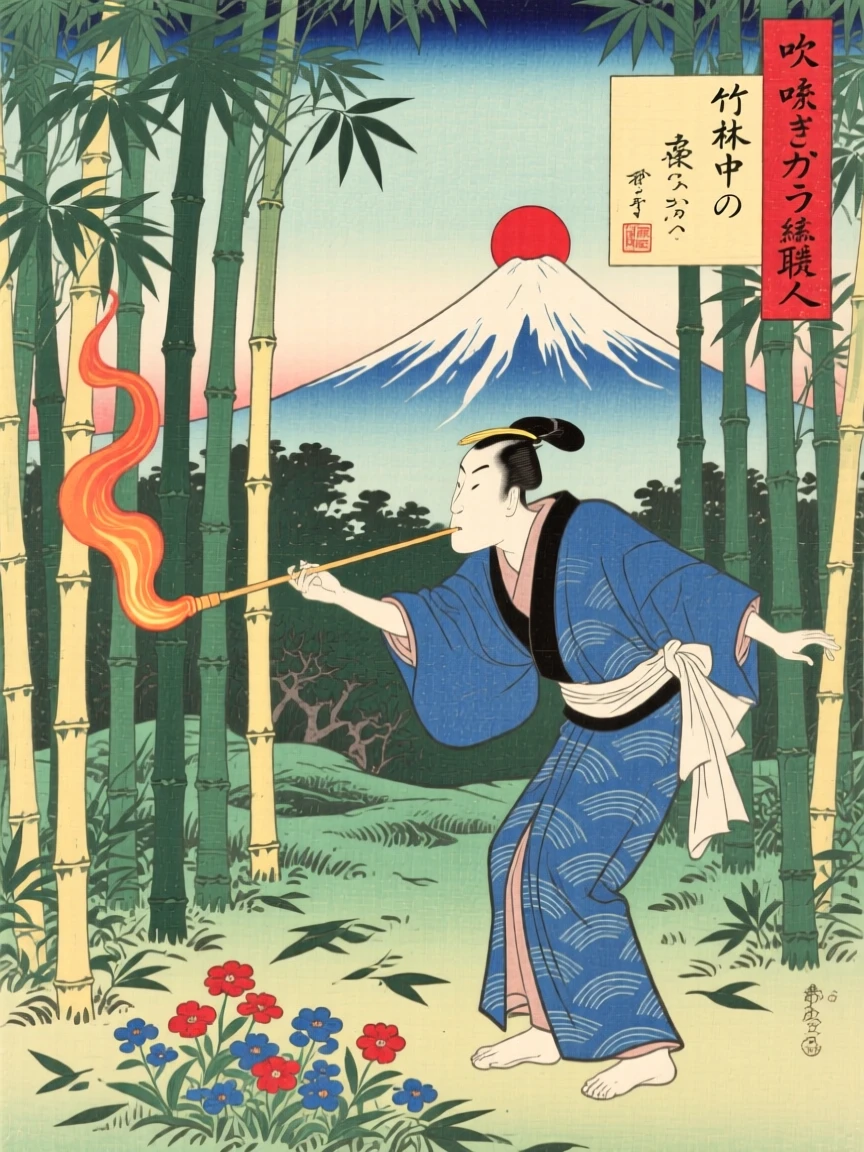 A glassblower practicing a graceful strike in a bamboo grove.
