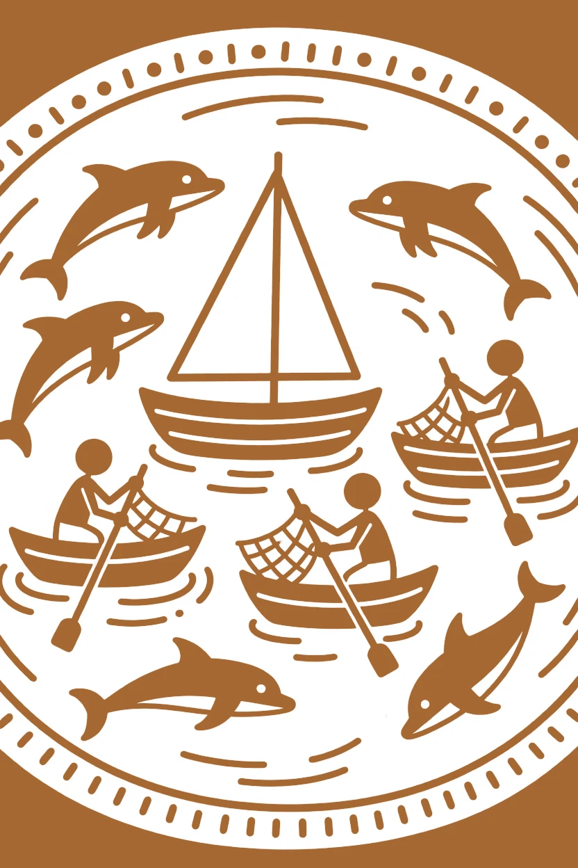 A group of fishermen's boats surrounded by dolphins gathering at a watering hole.