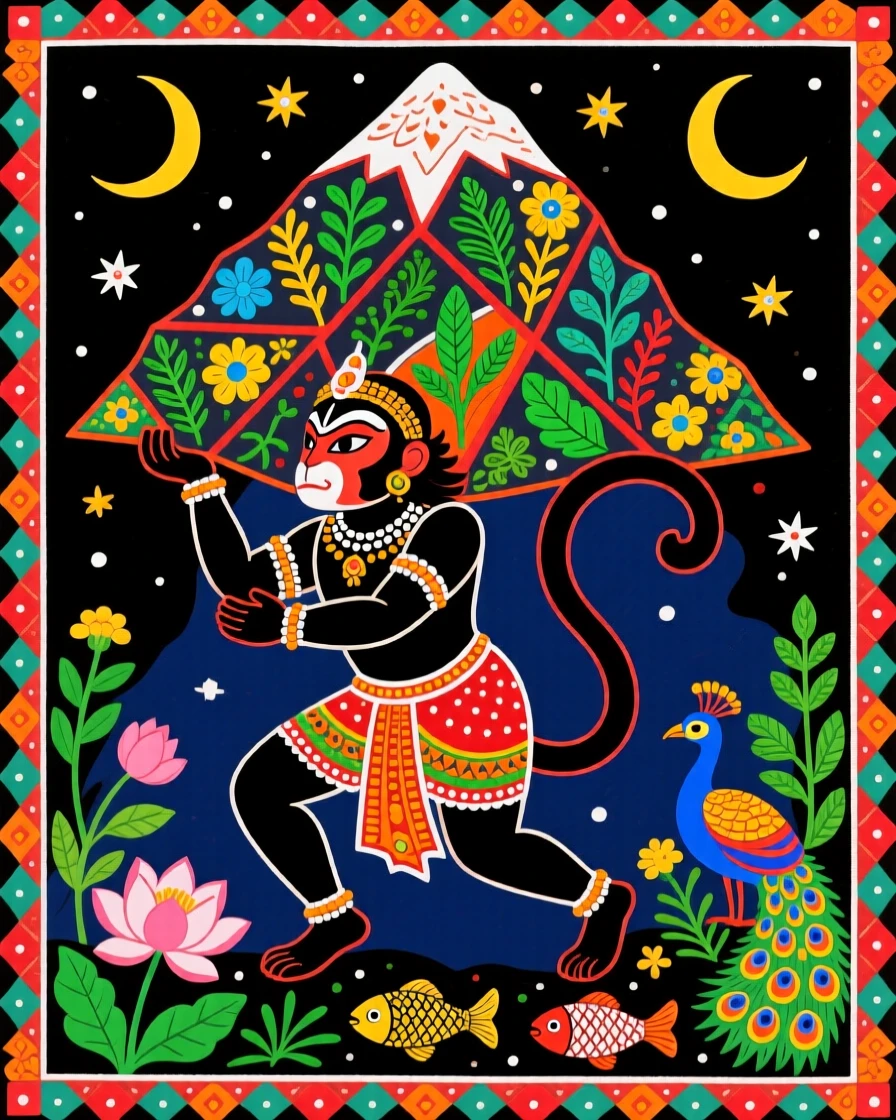 Hanuman carrying a mountain of healing herbs through the night sky.