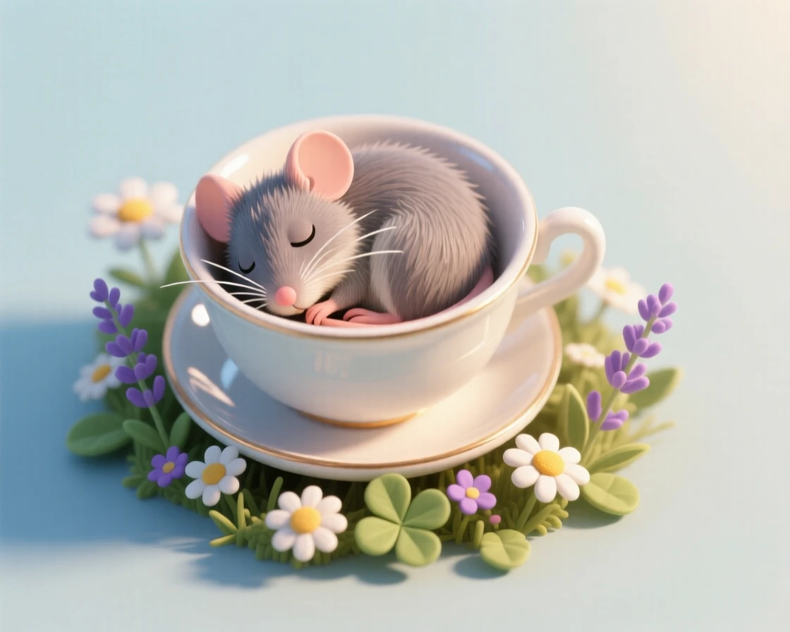 A tiny mouse curled up asleep in a teacup nestled among wildflowers, its whiskers twitching softly in a sunbeam.