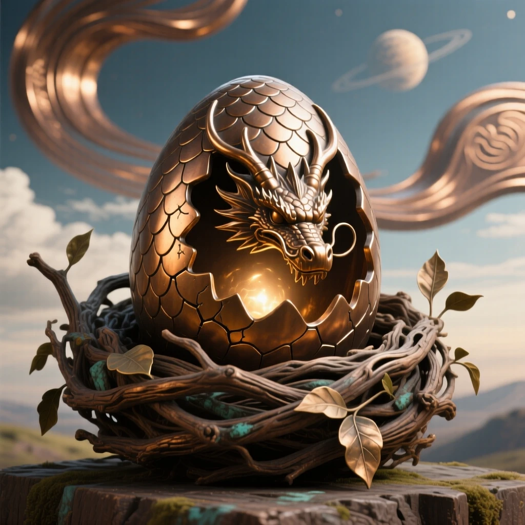 A dragon egg glowing softly in a hidden nest, set against a surreal, otherworldly sky, transporting the viewer to another world