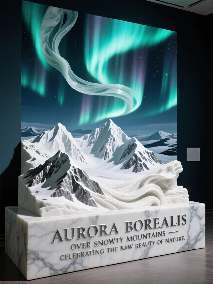 A sweeping, cinematic composition of an aurora borealis dancing over snowy mountains, capturing the raw beauty of the natural world