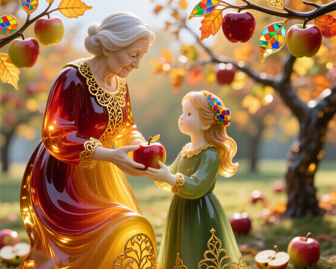 A grandmother and granddaughter picking apples together in an autumn orchard, warm and generational.