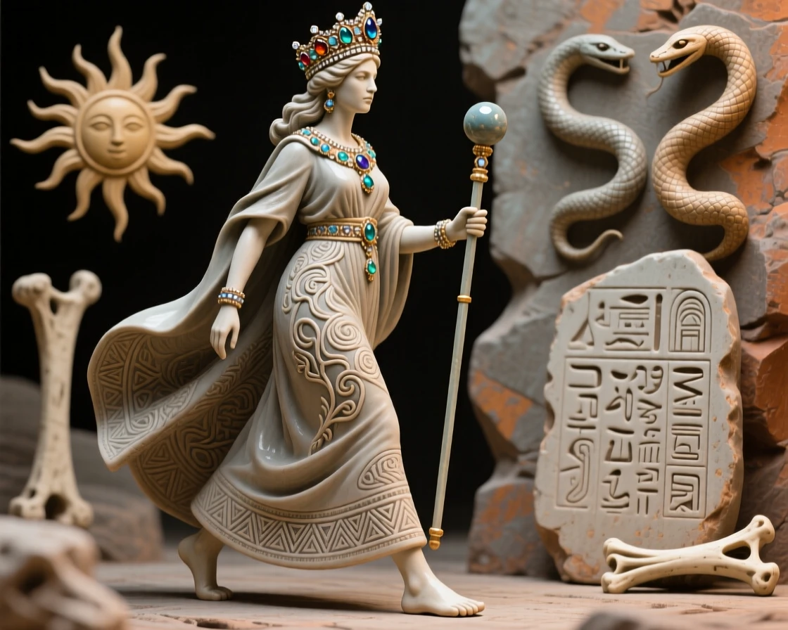 A queen crowned with a jeweled diadem striding forward with purposeful authority, surrounded by symbols of ancient heritage, stirring a sense of timeless heritage.