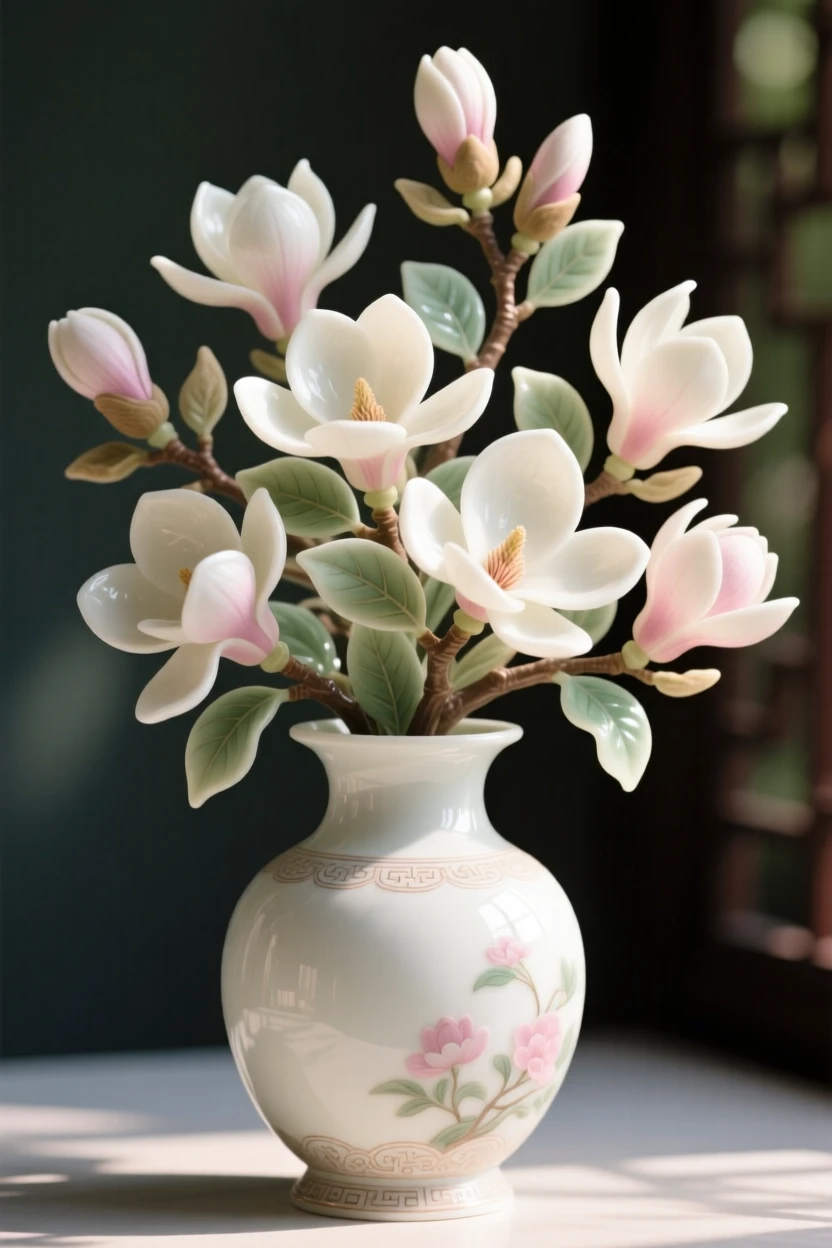A lush arrangement of magnolias in an ornate vase, backlit by warm afternoon sun.
