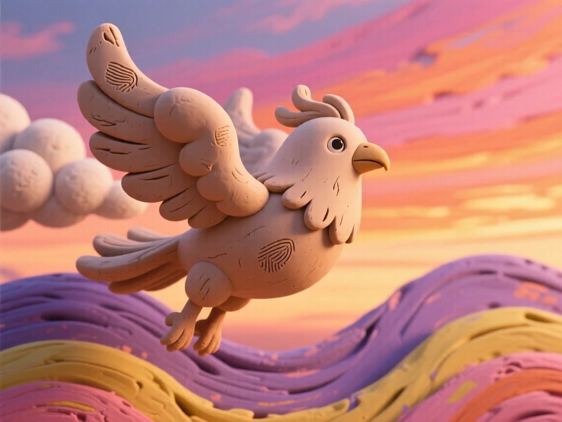 A cloud phoenix soaring through a sky painted with sunset colors