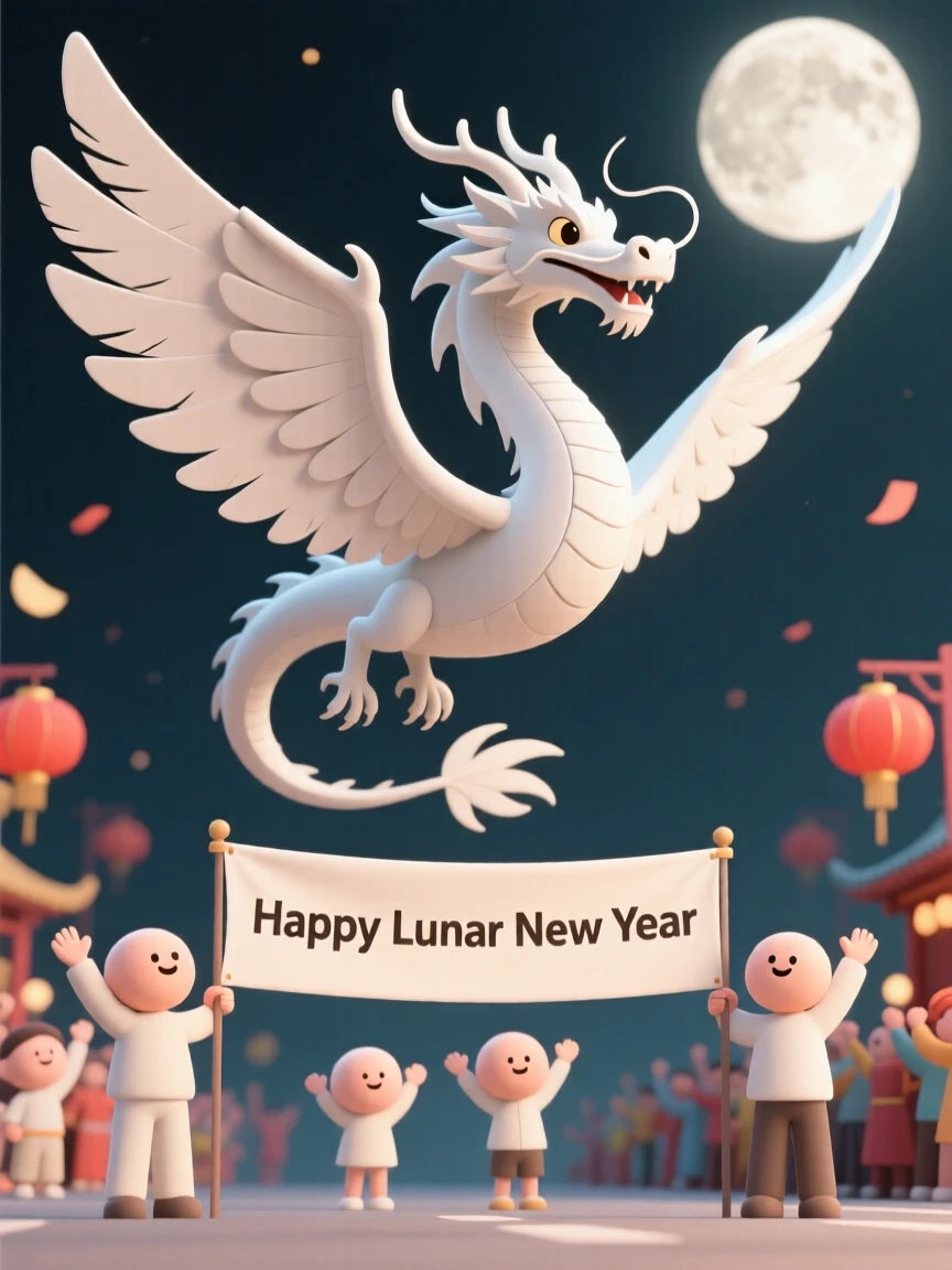 A magnificent dragon with feathered wings performs a graceful loop above a cheering lunar new year parade.