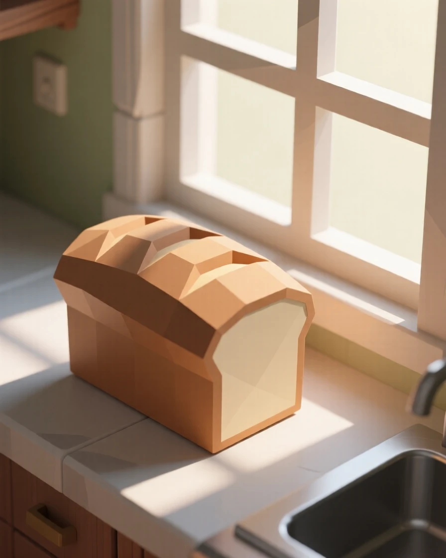 A rustic loaf of freshly baked bread, beside a sunlit kitchen window. the composition is framed from a pleasing overhead angle. The scene feels warm and comforting.