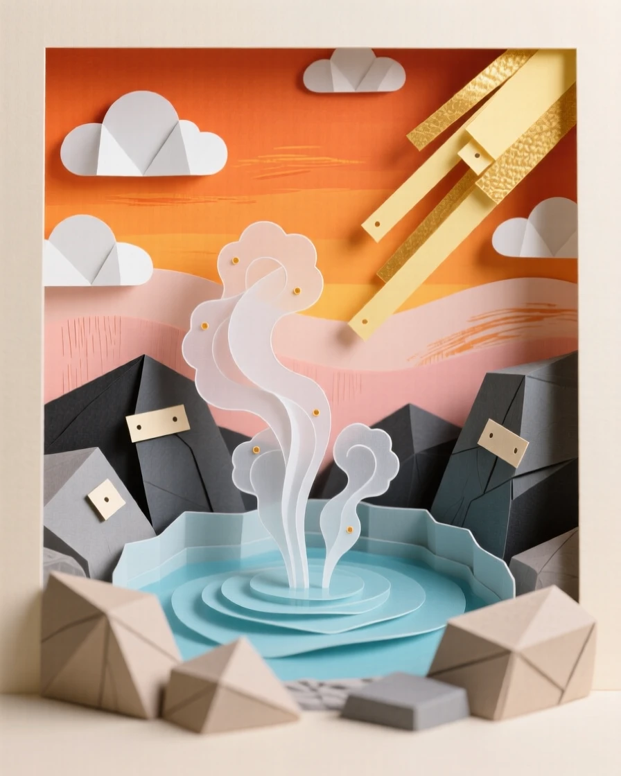 A steaming geothermal hot spring under a blazing orange sunset, with warm sunbeams piercing through scattered clouds, evoking peaceful solitude and timeless beauty.
