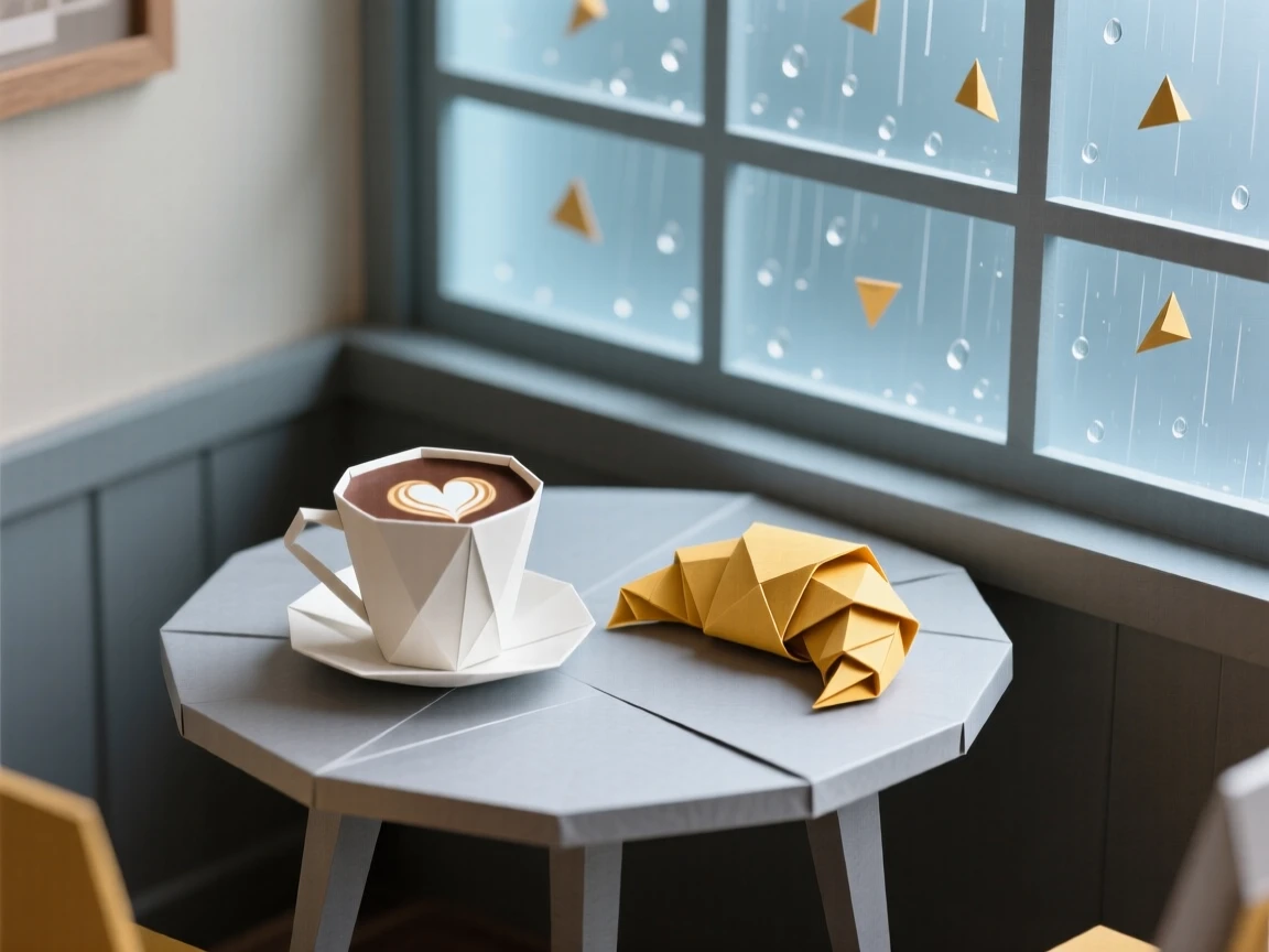A cozy café corner with a latte and croissant on a small round table beside a rainy window.