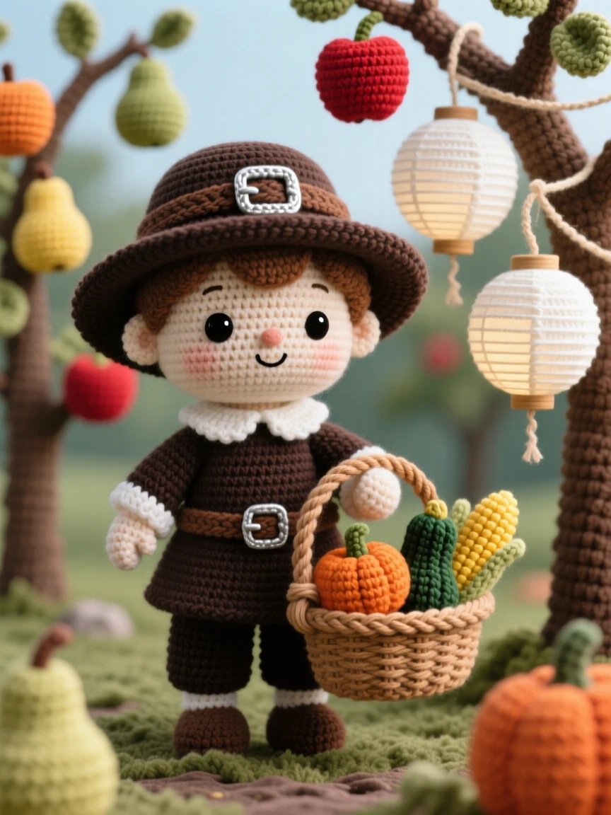 a small child dressed as a pilgrim, with a buckled hat, is shown carrying a basket of harvest vegetables in a quiet orchard heavy with ripening fruit beside a cluster of paper lanterns swaying gently, capturing cozy holiday warmth and togetherness.