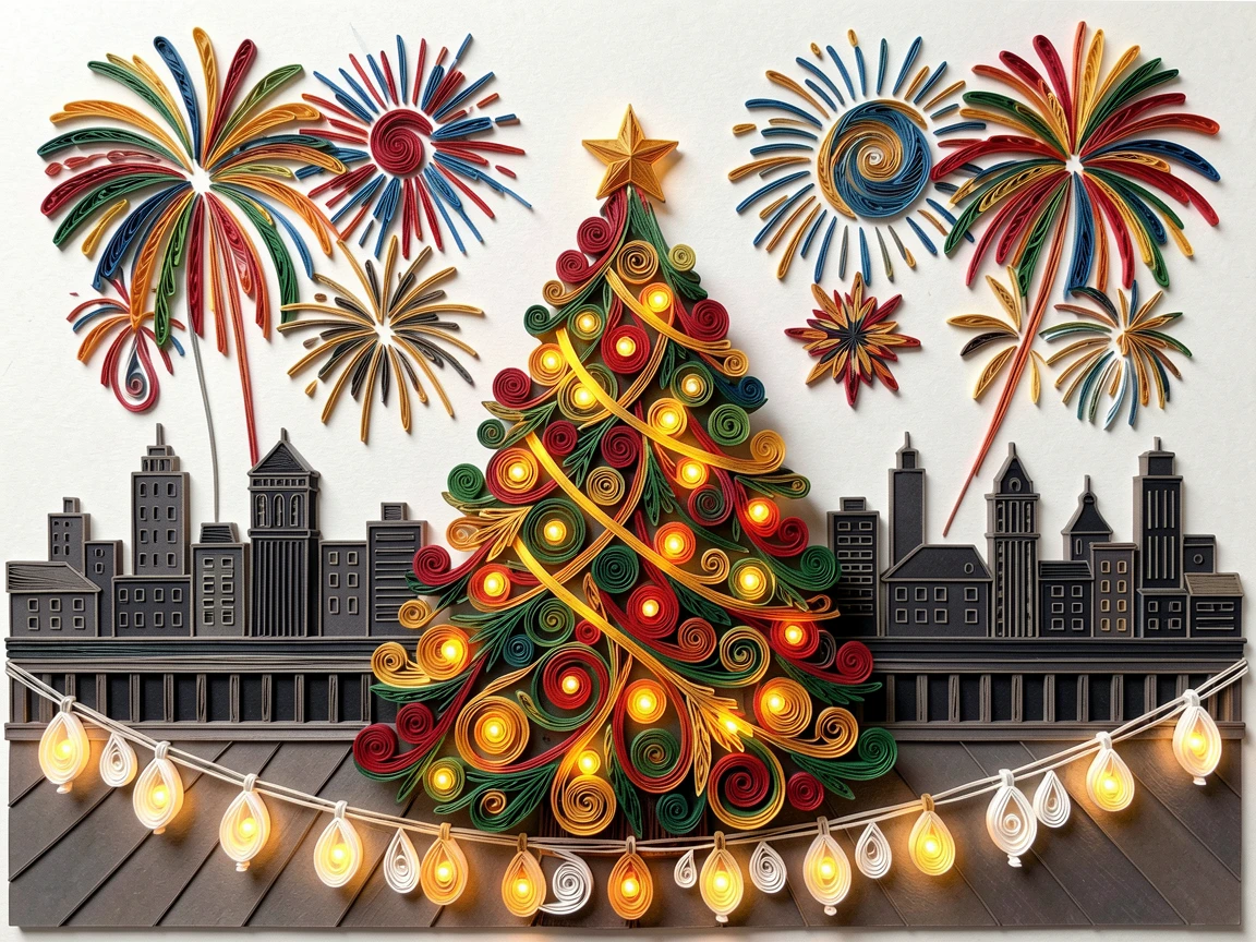a decorated Christmas tree glowing with warm lights, on a rooftop overlooking a fireworks-lit skyline, framed by strings of glowing lanterns, in classic holiday tones of red, green, and gold.